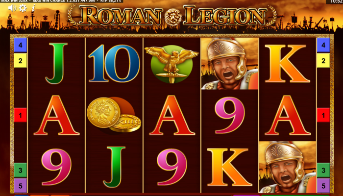 Spieloberfläche des Roman Legion Spielautomaten mit römischen Symbolen 